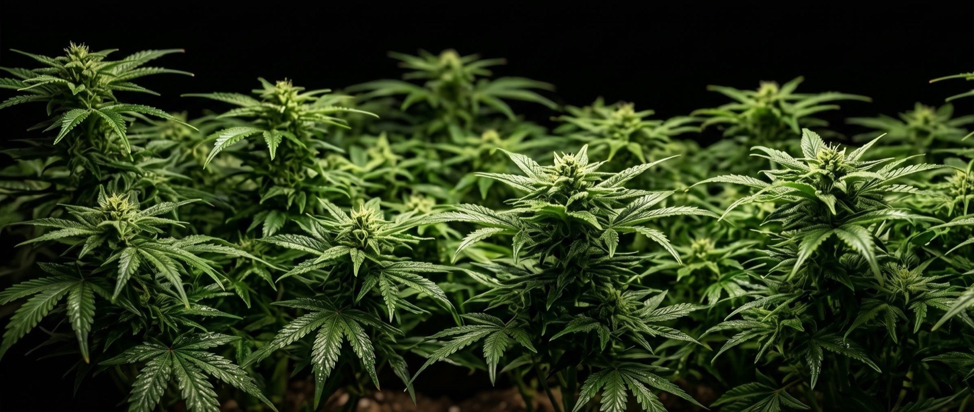 Cannabis plants growing against a black studio background